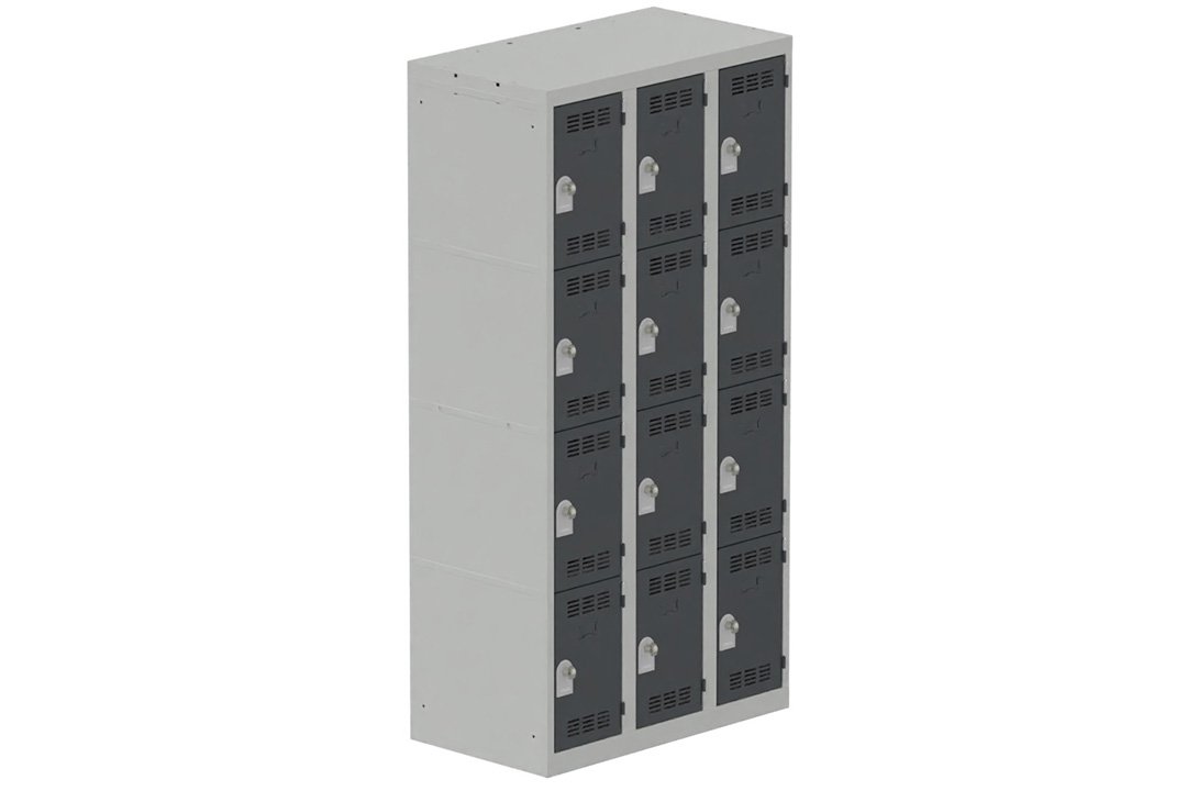 Vestiaire multicases, 3 colonnes L.90cm/12 cases, coffre gris clair/portes anthracite