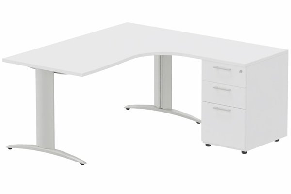 Gamme K2 - Plans compacts - Plan Compact 90° asymétrique 180x162x80/60cm retour à droite avec caisson HB bois 3 tiroirs blanc/aluminium - sur délai
