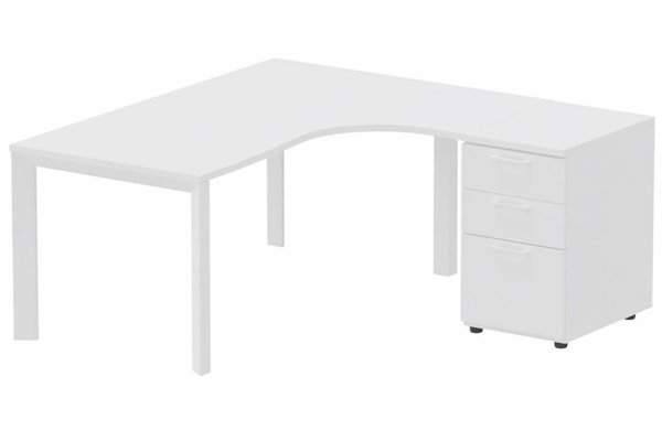 Gamme K7 - Plans compacts - Plan Compact 90° asymétrique 160x162x80/60cm retour à droite avec caisson HB bois 3 tiroirs blanc/blanc - sur délai