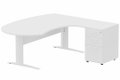 K1 VDF métal compact 90° manager 190x141x104x60cm sur caisson HB mélamine 3 tiroirs, plateau blanc, structure blanc