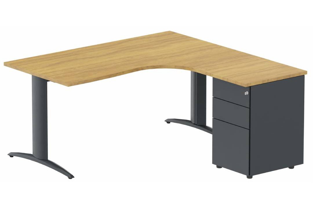 K2 Compact 90° asymétrique 160x162x80/60cm retour à droite avec caisson HB métal 3 tiroirs noyer /anthracite