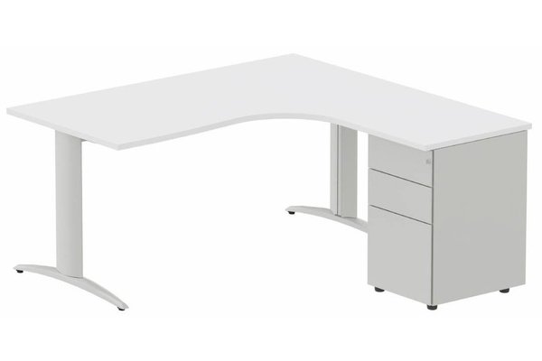 Gamme K2 - Plans compacts - Plan Compact 90° asymétrique 160x162x80/60cm retour à droite avec caisson HB métal 3 tiroirs blanc/aluminium - sur délai