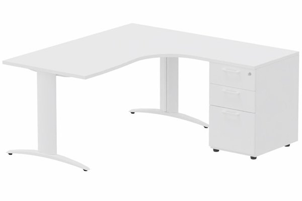 Gamme K2 - Plans compacts - Plan Compact 90° asymétrique 160x162x80/60cm retour à droite avec caisson HB bois 3 tiroirs blanc/blanc - sur délai