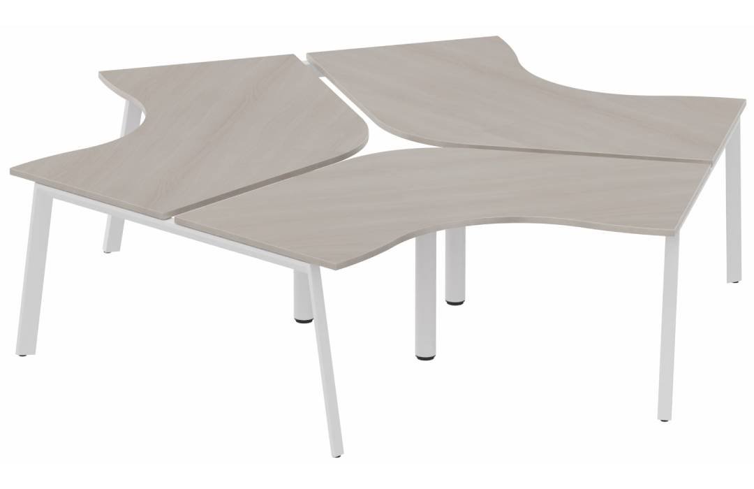 Ensemble de 3 compacts 120° symétrique 120 x 120 / 80 cm, structure pied d'angle, plateau acacia, structure blanc
