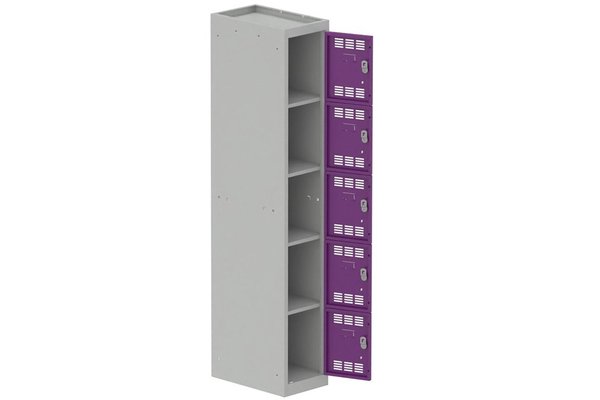 [Pas de famille] - [Pas de sous famille] - Vestiaire multicases 1 colonne L,30cm 5 cases (fermeture cadenas) H,180xL,30xP,50cm coffre gris clair/portes prune
