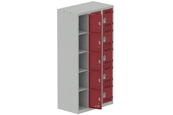 [Pas de famille] - [Pas de sous famille] - Vestiaire multicases 3 colonnes L,30cm 5 cases (fermeture cadenas) H,180xL,90xP,50cm coffre gris clair/portes rouge
