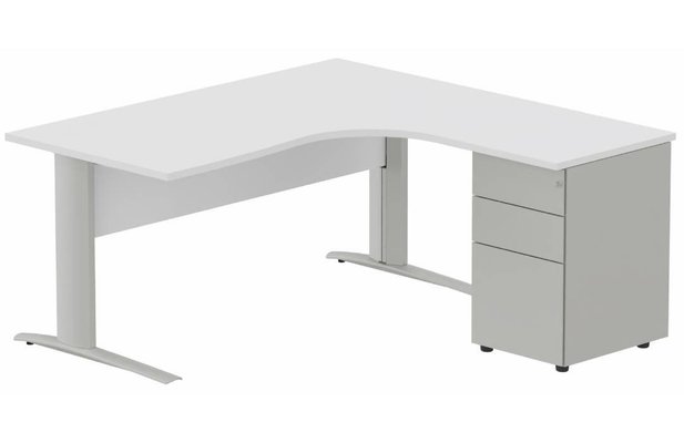 Gamme K1 - Plans compacts - K1 VDF BOIS Compact 90° asymétrique 160x162x80/60cm retour à droite avec caisson HB métal 3 tiroirs blanc/aluminium - sur d