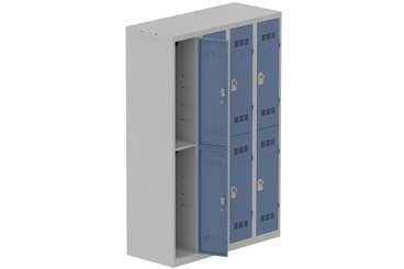 [Pas de famille] - [Pas de sous famille] - Vestiaire multicases 4 colonnes L,30cm 2 cases (fermeture cadenas) H,180xL,120xP,50cm coffre gris clair/portes bleu