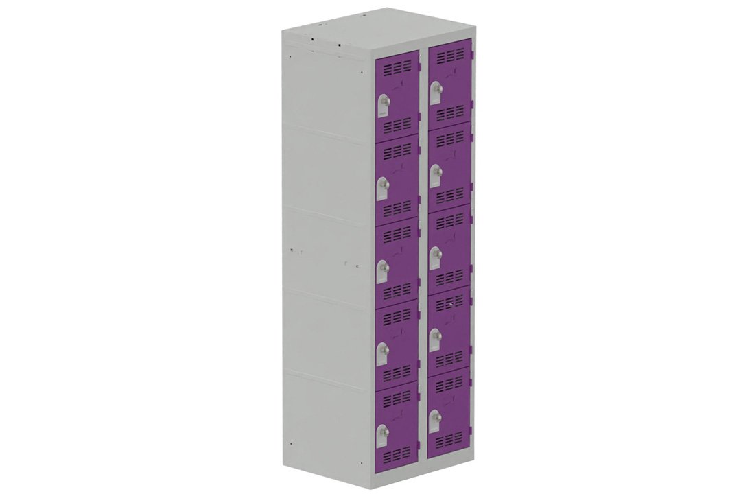Vestiaire multicases 2 colonnes L,30cm 5 cases (fermeture cadenas) H,180xL,60xP,50cm coffre gris clair/portes prune