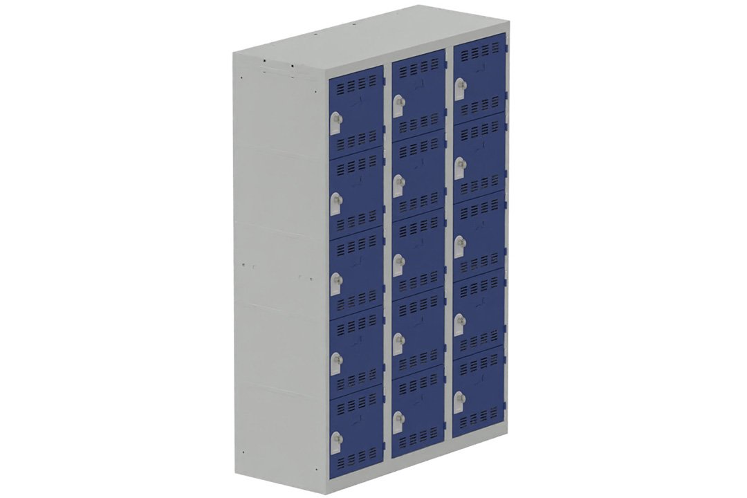 Vestiaire multicases, 3 colonnes L.120cm/15 cases, coffre gris clair/portes bleu foncé