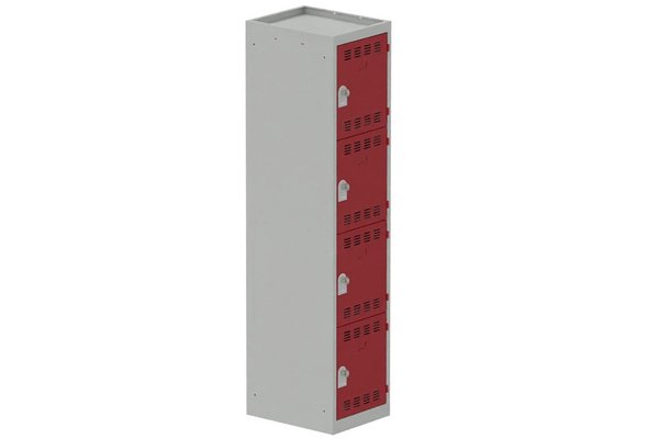 [Pas de famille] - [Pas de sous famille] - Vestiaire multicases 1 colonne L,40cm 4 cases (fermeture cadenas) H,180xL,40xP,50cm coffre gris clair/portes rouge