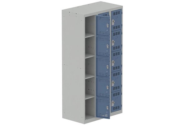 [Pas de famille] - [Pas de sous famille] - Vestiaire multicases 3 colonnes L,30cm 5 cases (fermeture cadenas) H,180xL,90xP,50cm coffre gris clair/portes bleu
