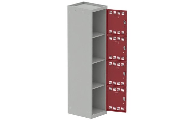 [Pas de famille] - [Pas de sous famille] - Vestiaire multicases 1 colonne L,40cm 4 cases (fermeture cadenas) H,180xL,40xP,50cm coffre gris clair/portes rouge