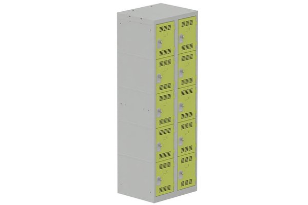 [Pas de famille] - [Pas de sous famille] - Vestiaire multicases 2 colonnes L,30cm 5 cases (fermeture cadenas) H,180xL,60xP,50cm coffre gris clair/portes anis