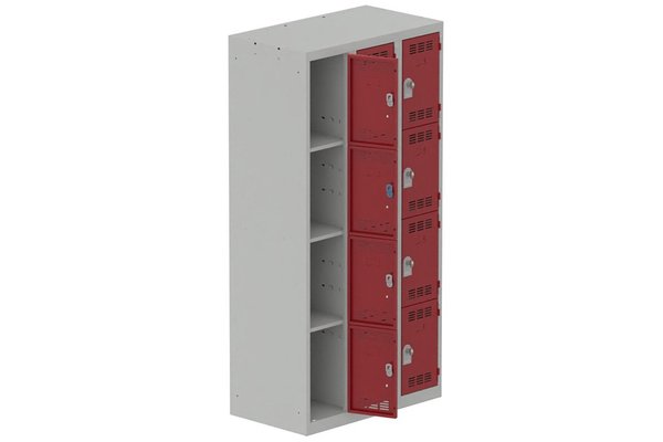 [Pas de famille] - [Pas de sous famille] - Vestiaire multicases 3 colonnes L,30cm 4 cases (fermeture cadenas) H,180xL,90xP,50cm coffre gris clair/portes rouge
