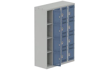 [Pas de famille] - [Pas de sous famille] - Vestiaire multicases 4 colonnes L,30cm 4 cases (fermeture cadenas) H,180xL,120xP,50cm coffre gris clair/portes bleu