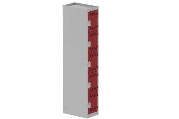 [Pas de famille] - [Pas de sous famille] - Vestiaire multicases 1 colonne L,30cm 5 cases (fermeture cadenas) H,180xL,30xP,50cm coffre gris clair/portes rouge