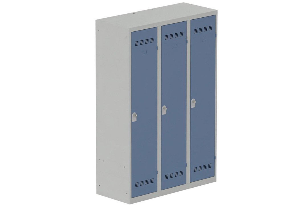 Vestiaire industrie salissante 3 portes (fermeture cadenas) H180xL120xP50cm coffre gris clair/ porte(s) bleu