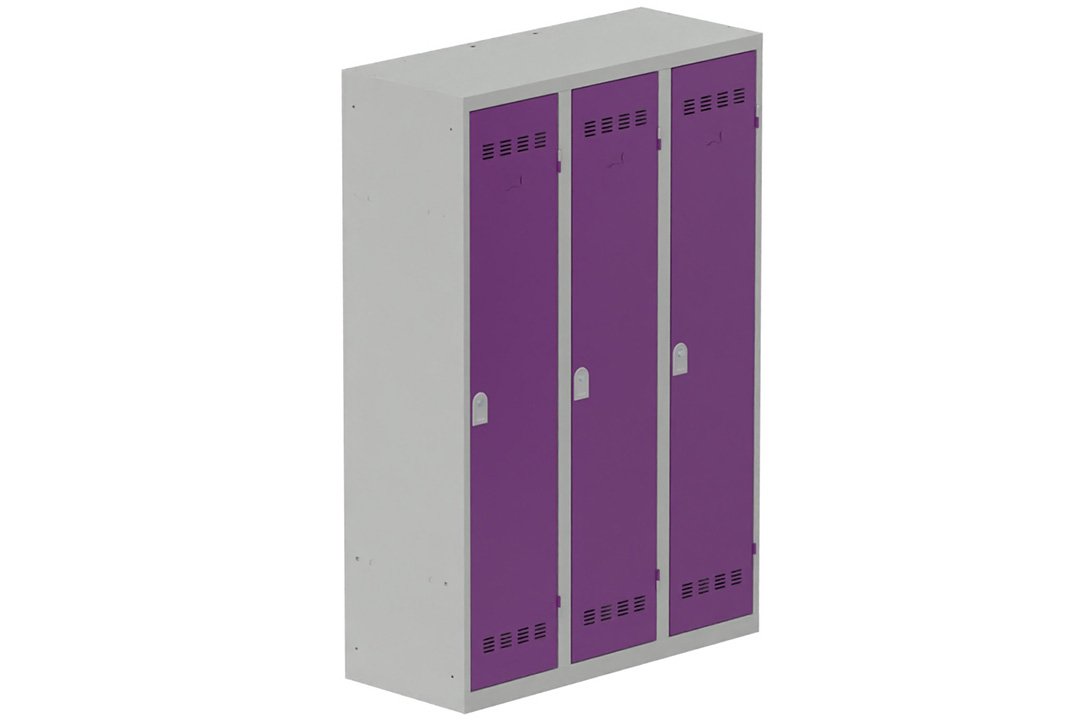 Vestiaire industrie salissante 3 portes (serrure 2 clés) H180xL120xP50cm coffre gris clair/ porte(s) prune