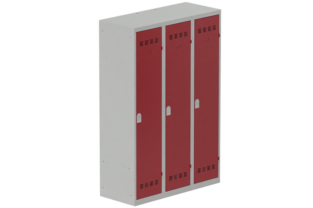 Vestiaire industrie salissante 3 portes (serrure 2 clés) H180xL120xP50cm coffre gris clair/ porte(s) rouge