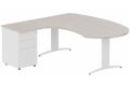 K2 compact 90° manager 190x141x104x60cm sur caisson HB métal 3 tiroirs, plateau acacia, structure blanc