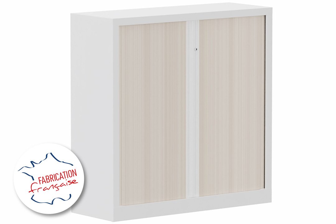 Armoire à rideaux H120xL120cm 2 tablettes coffre blanc/rideaux acacia- sur délai