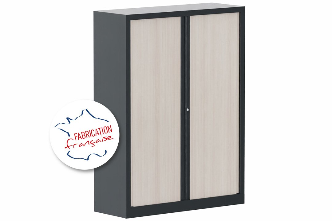 Armoire à rideaux H160xL120cm 3 tablettes coffre anthracite/rideaux acacia