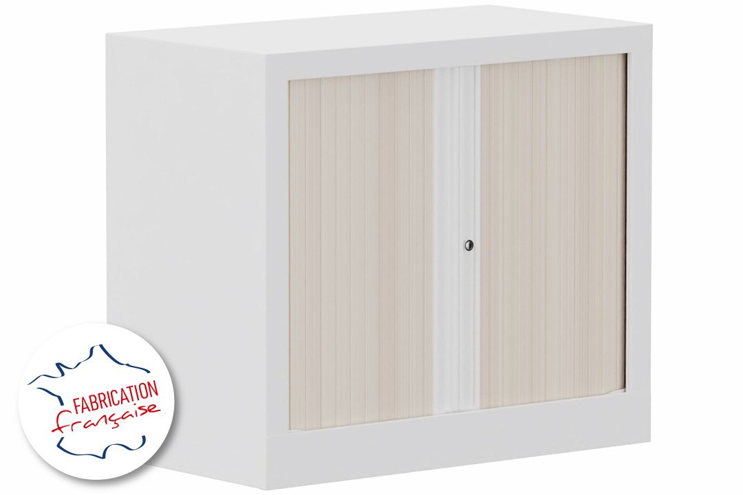 Armoire à rideaux H69,5xL80cm 1 tablette , coffre blanc, rideaux acacia