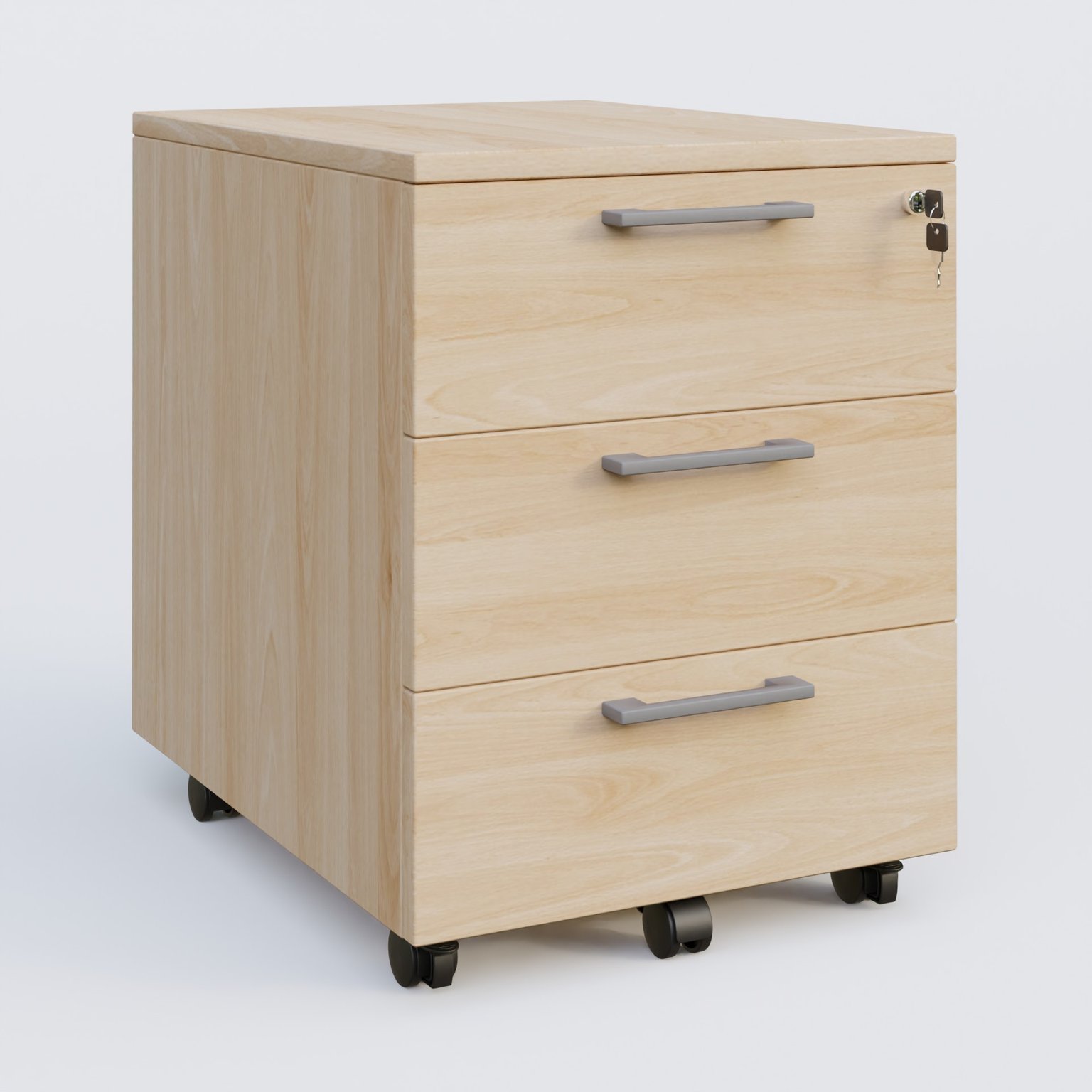 Caisson mobile mélamine 3 tiroirs, hauteur 55 cm. Caisson Hêtre et poignets Aluminium.