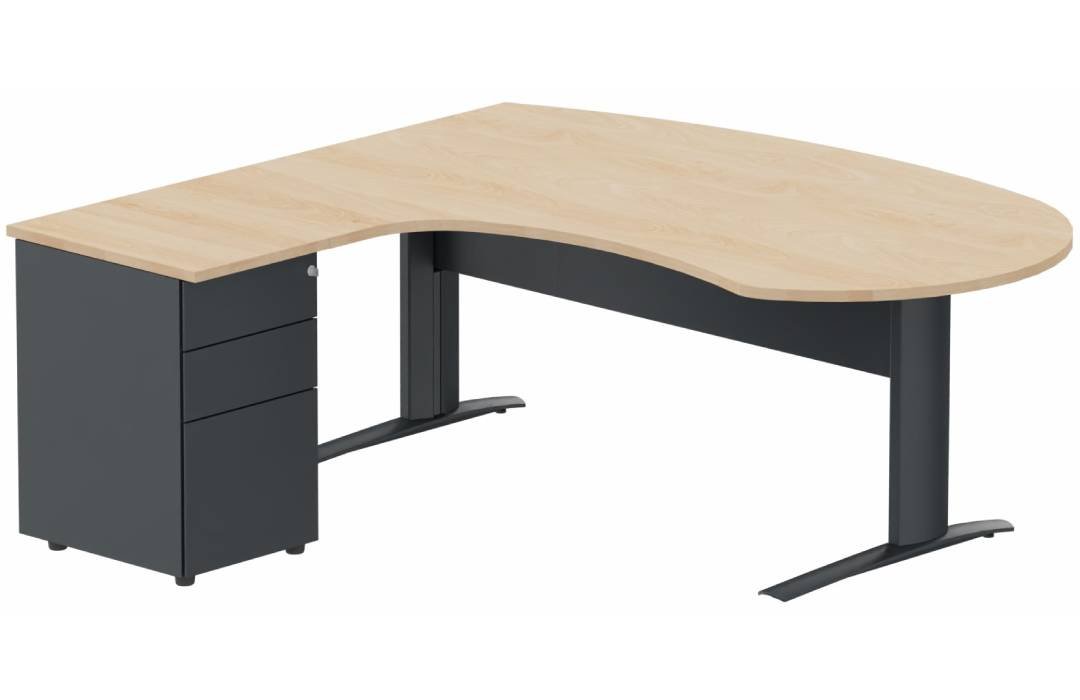 K1 VDF métal compact 90° manager 190x141x104x60cm sur caisson HB métal 3 tiroirs, plateau hêtre, structure anthracite