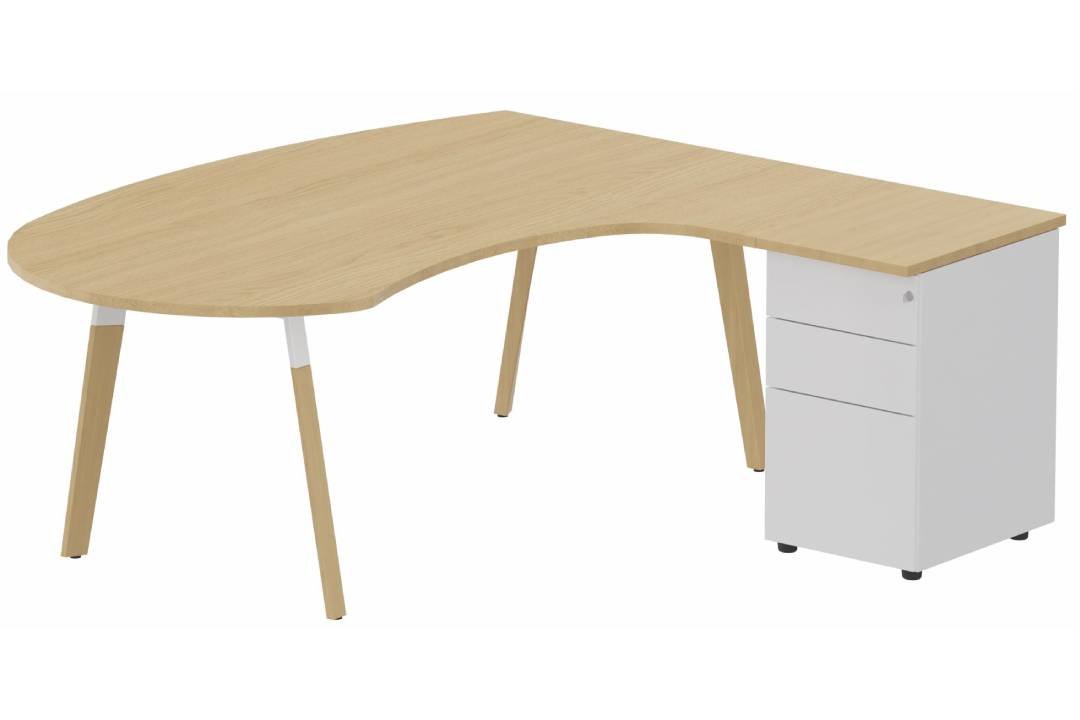 K8Wood Plan compact 90° asymétrique Manager 190x183x104x60cm avec caisson HB métal 3 tiroirs - retour à droite -Finitions = Plateau et top de finition : chêne /Piétements : Blanc / bois (BW) / Caisson: Blanc (BL)