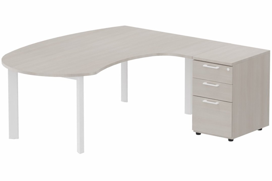 K7 compact 90° manager 190x141x104x60cm sur caisson HB mélamine 3 tiroirs, plateau acacia, structure blanc
