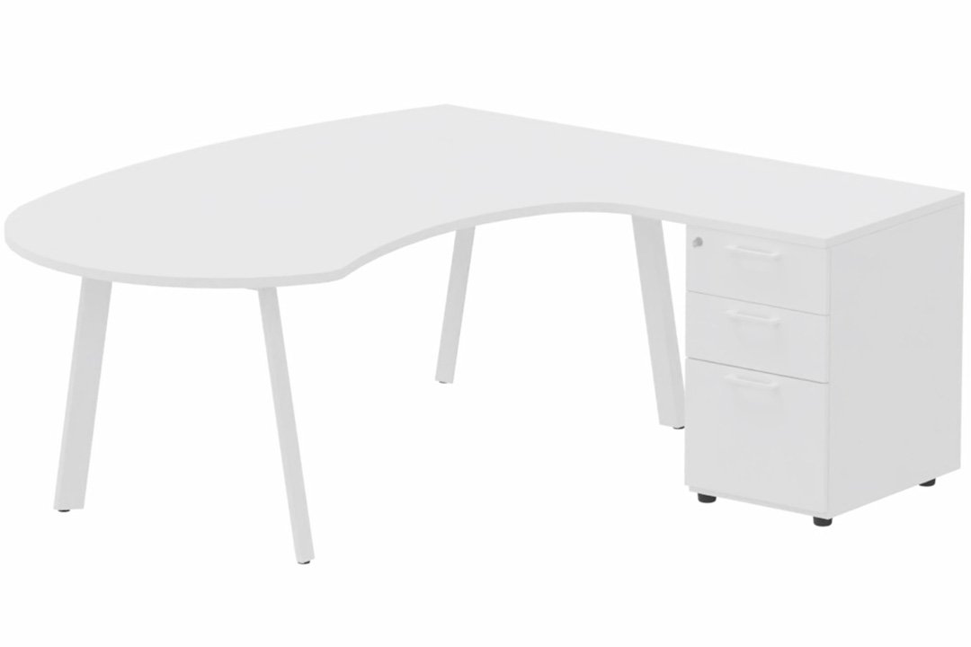 Plan compact 90° manager sur caisson HB bois 190 x 141 x 104 x 60 cm, 3 tiroirs, plateau blanc, structure blanc