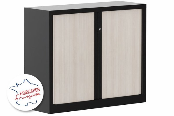 ARMOIRES A RIDEAUX - Largeur 120 cm - Armoire à rideaux H100xL120cm 2 tablettes coffre noir / rideaux acacia