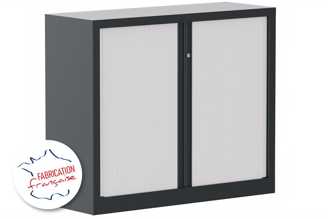 Armoire à rideaux H100xL120cm 2 tablettes,  coffre anthracite / rideaux blancs