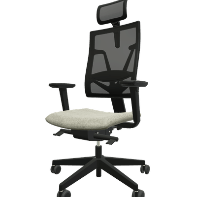DIRECTION - Fauteuils - E.T BLACK MESH fauteuil manager + têtière avec accotoirs mécanique synchrone décalé avec translation d'assise, tissu STEP coloris beige chiné, dos résille noire sur cadre noir, accotoirs 4D, embase noire