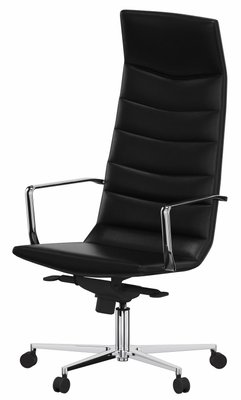 DIRECTION - Fauteuils - Fauteuil haut dossier STRATUS, mécanisme basculant décentré, revêtement CUIR pleine fleur coloris noir, embase 5 branches aluminium poli sur roulettes