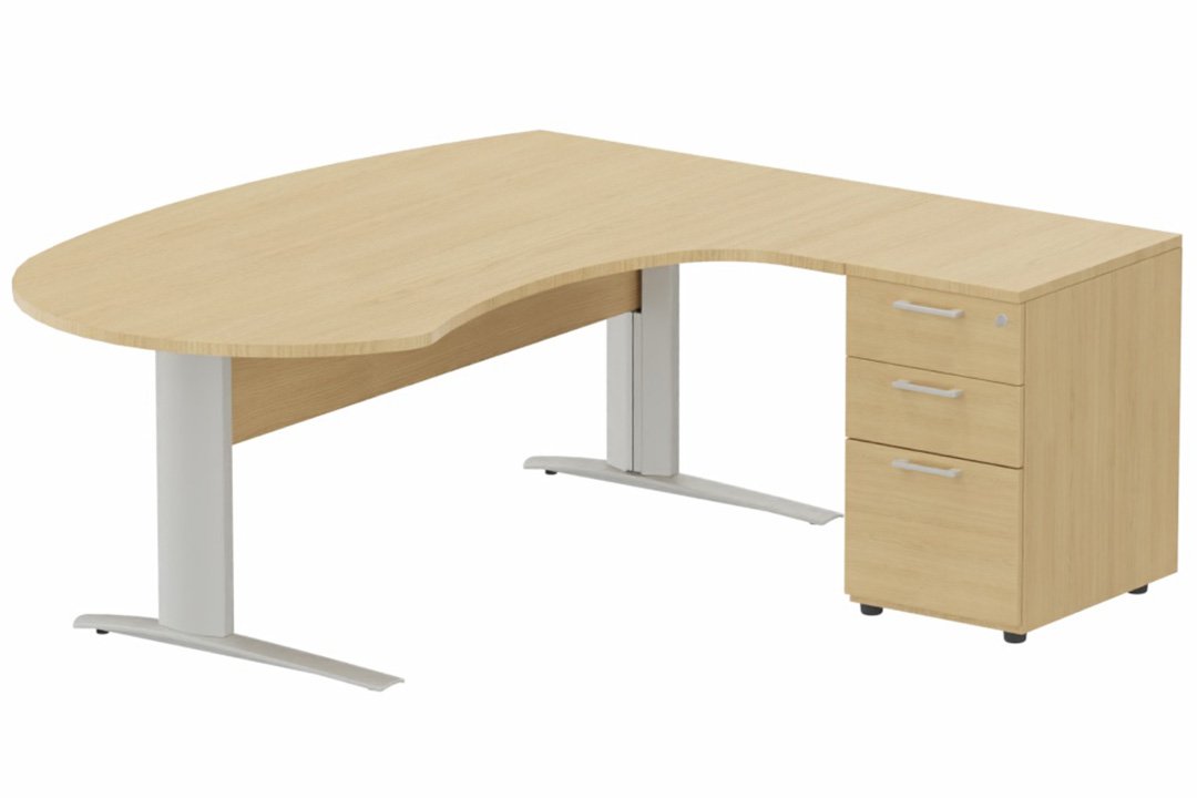 K1 Voile de fond Bois -Plan compact 90° asymétrique Manager 190x183x104/60cm avec caisson HB bois 3 tiroirs - retour à droite -Finitions : PLATEAUX: CHENE (CE) / PIETEMENTS: ALUMINIUM (AL) / CAISSONS MELAMINE: CHENE (CE)