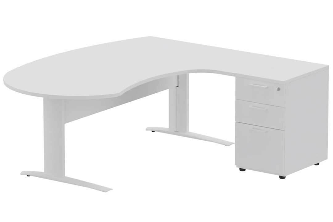 K1 VDF bois compact 90° manager 190x141x104x60cm sur caisson HB mélamine 3 tiroirs, plateau blanc, structure blanc