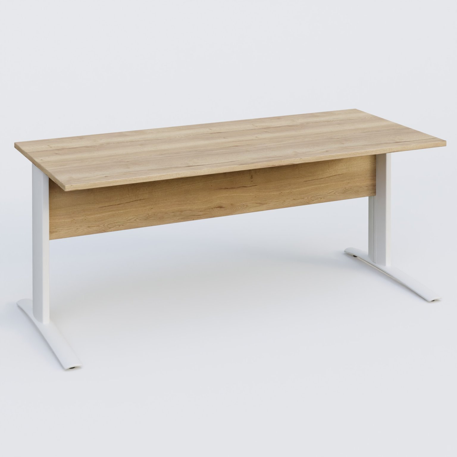 K1 Plateau droit 180x80 avec voile de fond bois. Plateau Chêne naturel et pietement Blanc
