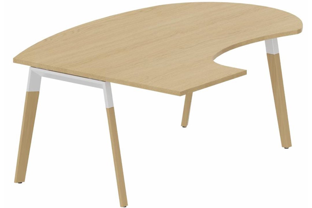 K8Wood Plan compact 90° asymétrique Manager 190x141x104/60cm sur pied de soutien - retour à gauche - plateau chêne, piétement blanc / bois