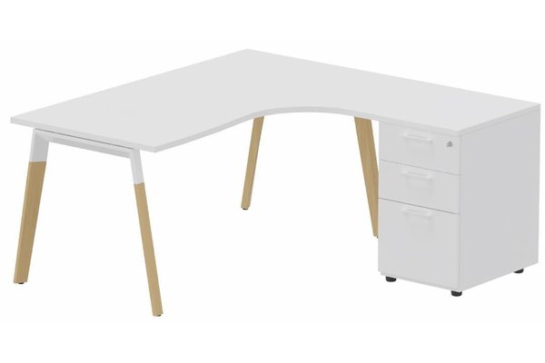 Gamme K8 Wood - Plans compacts  - K8Wood Plan compact 90° asymétrique 160x162x80/60cm avec caisson HB bois 3 tiroirs - retour à droite