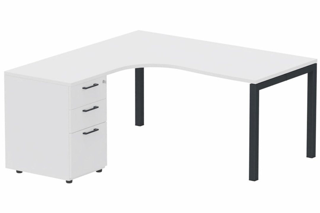 K3 Compact 90° asymétrique 160x162x80/60cm retour à gauche avec caisson HB bois 3 tiroirs blanc/Anthracite
