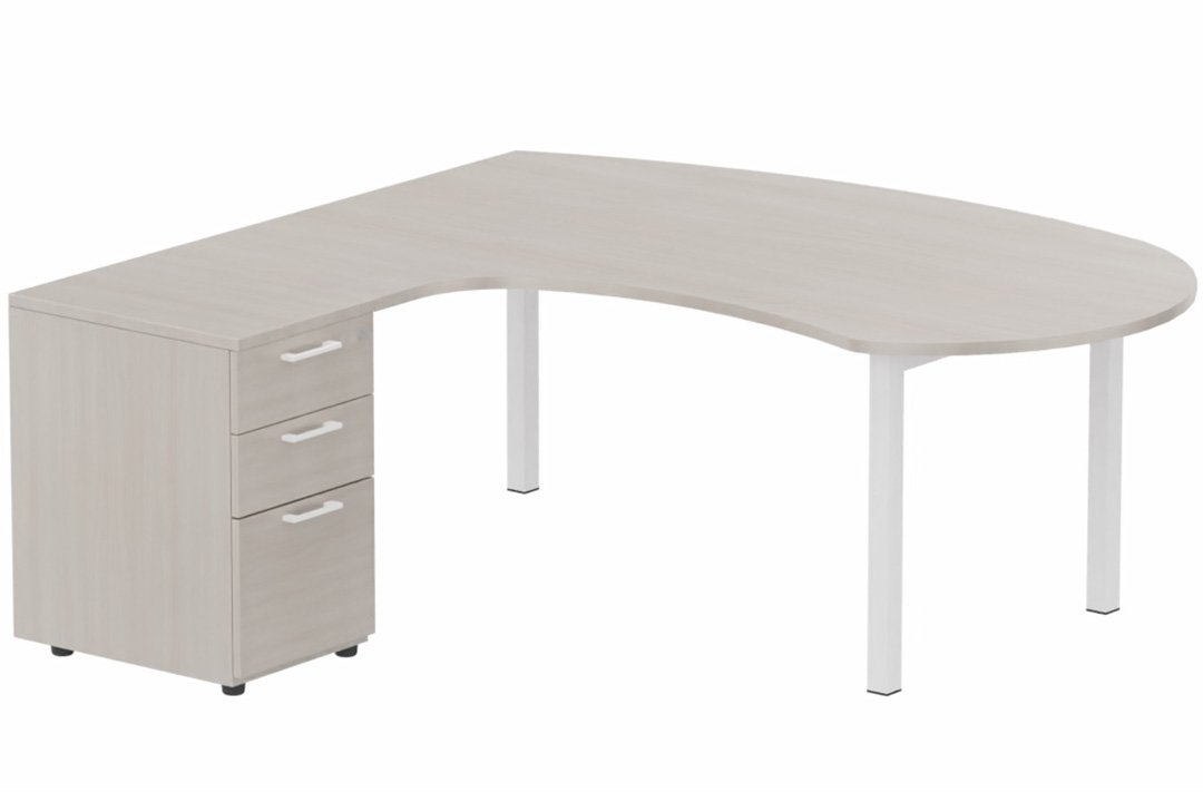 K3 compact 90° manager 190x141x104x60cm sur caisson HB mélamine 3 tiroirs, plateau acacia, structure blanc