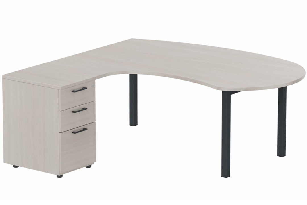 K3 compact 90° manager 190x141x104x60cm sur caisson HB mélamine 3 tiroirs, plateau acacia, structure anthracite