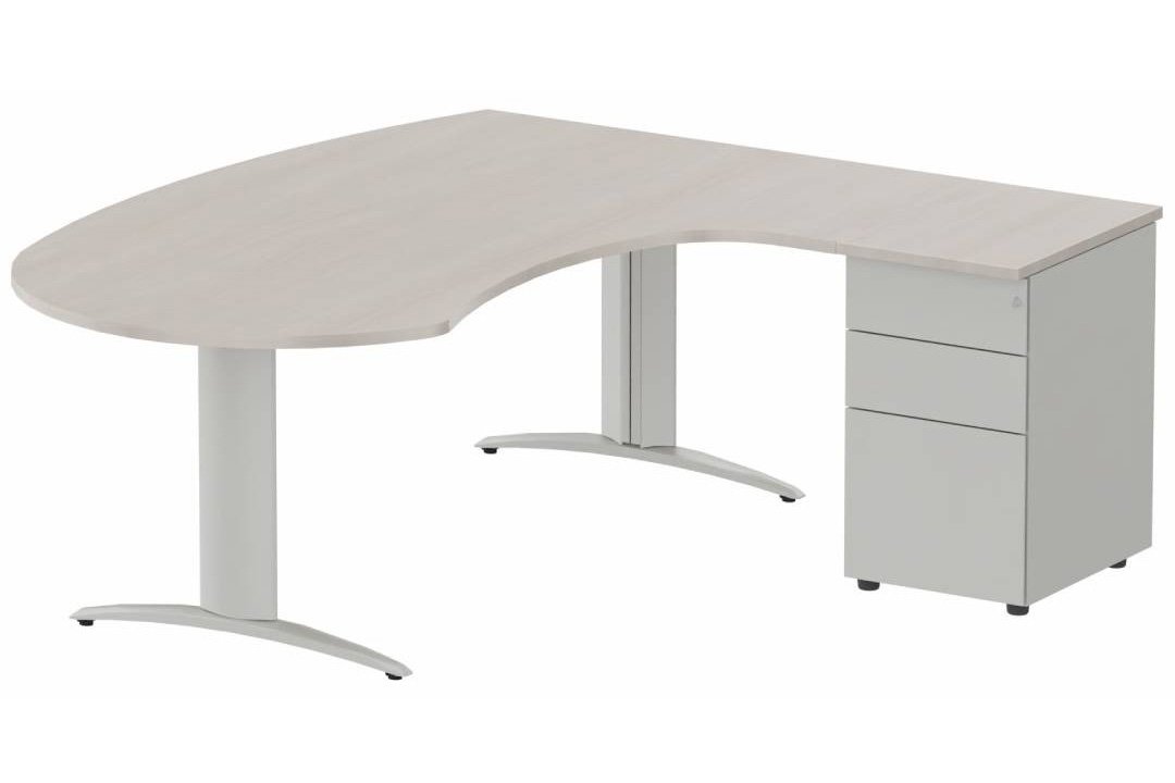 K2 compact 90° manager 190x141x104x60cm sur caisson HB métal 3 tiroirs, plateau acacia, structure aluminium