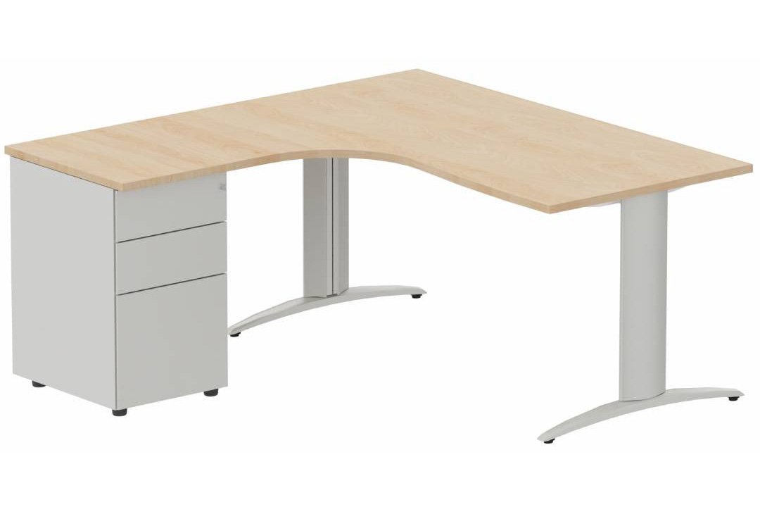 Plan Compact 90° asymétrique 180x162x80/60cm retour à gauche avec caisson HB métal 3 tiroirs hêtre/aluminium