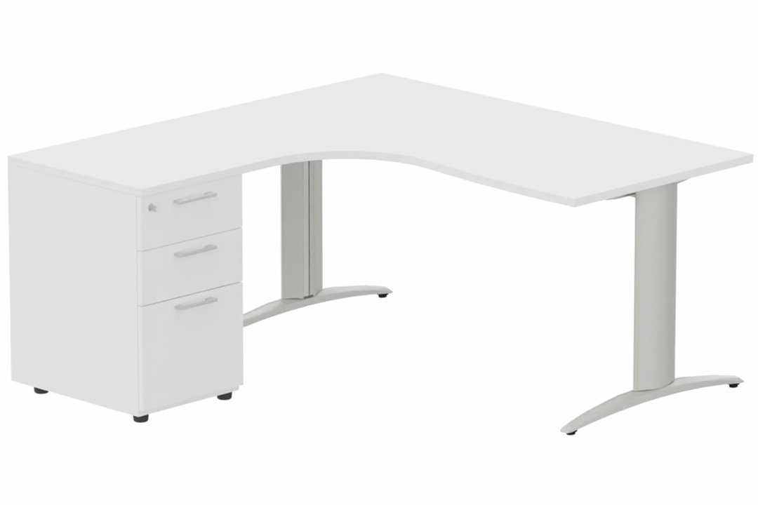 Plan Compact 90° asymétrique 180x162x80/60cm retour à gauche avec caisson HB bois 3 tiroirs blanc/aluminium - sur délai