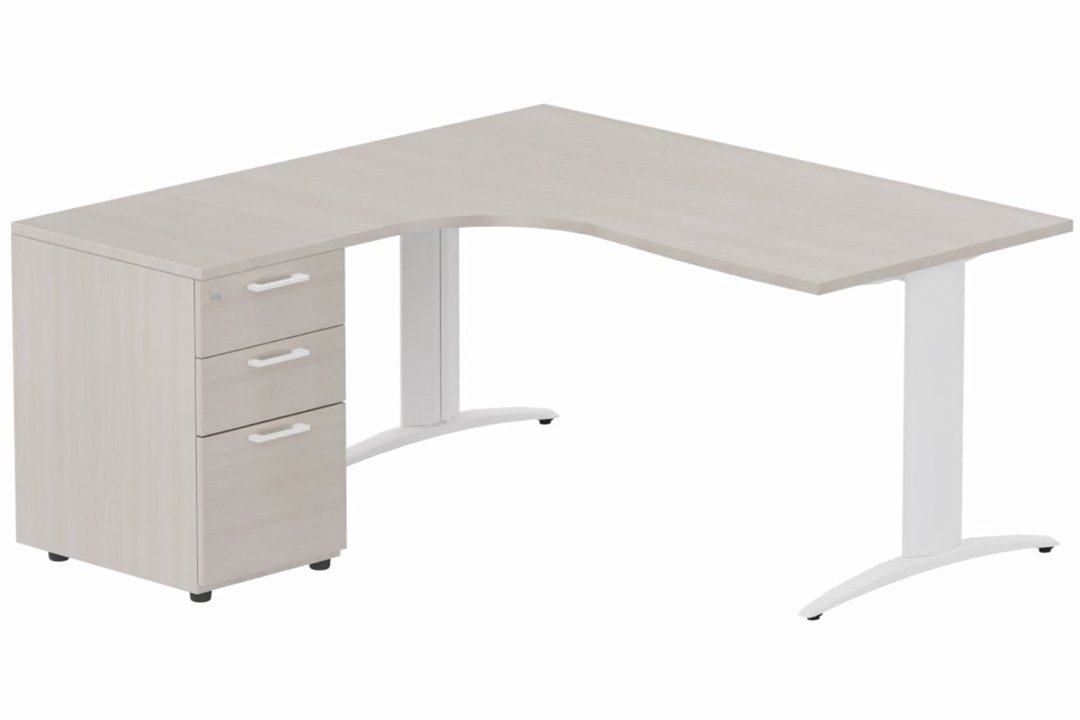 Plan Compact 90° asymétrique 180x162x80/60cm retour à gauche avec caisson HB bois 3 tiroirs, plateau acacia, structure blanc