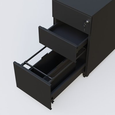 [Pas de famille] - [Pas de sous famille] - Caisson métal slim sur roulettes 3 tiroirs dont 1 DS H60xL30xP52cm/ noir grainé